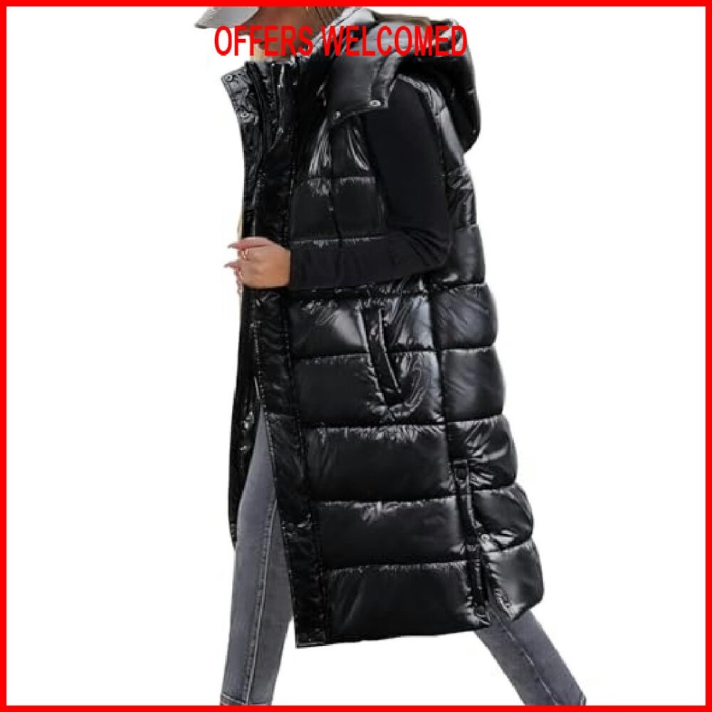 Women's Long Puffer Vest Sleeveless Jacket Zip Up Hooded Quilted - Picture 2 of 8
